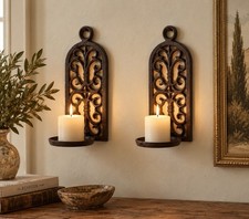 Pair Vintage Spanish Black Cast Iron Wall Sconces Metal Scroll Candle Holder 10” picture