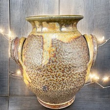 Vintage Hand Made USA Pottery Stoneware Vase Round Bottom Heavy With Handles VTG picture
