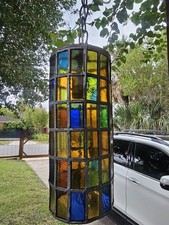 Vintage Felipe Derflingher Brutalist Stained Glass Cylinder Pendant Hanging Lamp picture