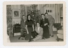 Vintage 1950 Christmas Family Photo w Dog Under Tree Mid Century Holiday Snapsho picture