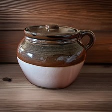 Midcentury Brown Tan Pottery York USA Gourmet Ware Bean Pot Crock 1 Quart picture