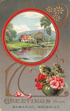 Saranac Michigan Greeting With Scenic View, Vintage Postcard U30314 picture