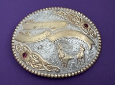 VTG 3 Banner Premium Crumrine Gary Gist Signature HUGE Roping Trophy Belt Buckle picture