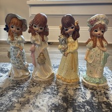 Vintage 1970s Big Eyes Ceramic Girls Statues ~ 10” Tall Detailed Painting picture
