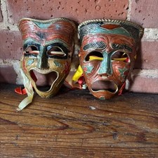 Vintage pair solid brass enamled comedy tragedy drama masks carnival Mardi Gras picture