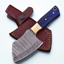 SHARD Handmade Damascus Steel Mini Cleaver Knife Blue Bone Handle Chopper Sheath picture
