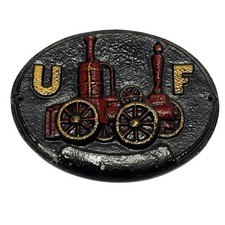 UF Fire Mark Cast Iron Firefighting Plaque Red Gold Fire Engine Collectible picture