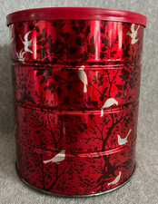 Vintage Hills Bros Red Coffee Can Tin Silver Birds With Tree & Plant Silouettes picture