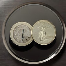 Vintage Bulova Mechanical Wind Alarm Clock Stacked Liberty Coins Gold Japan picture