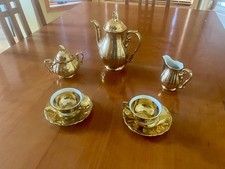 Vintage JKW Dec. Karlsbad Gold Tea Set Tea Pot, Sugar, Creamer, 2 Cups/Saucers picture
