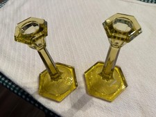Amber Glass candlestick holders, set of 2, smokey yellow, 7.25