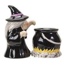 PT Witch & Cauldron Halloween Magnetic Ceramic Salt and Pepper Shakers Set picture