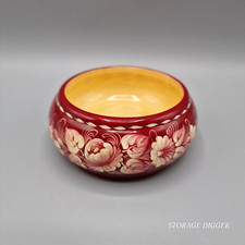 Vintage Red Small Hand Painted Floral Lacquered Wooden Round Dish Trinket Bowl picture