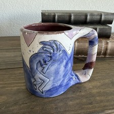 Mara Handcrafted Stoneware Pottery Mug w/Dancing Kokopelli Design Blue White picture