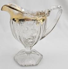 Antique EAPG Creamer/Pitcher – Clear Pressed Glass, Gold Trim, Saw-Tooth Edge picture