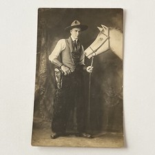 Antique RPPC Real Photograph Postcard Handsome Young Man Cowboy Prop Horse picture