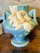 Vintage Roseville Clematis Vase Ciel Blue White Flowers Handles Footed 6in 1944 picture