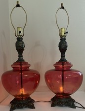 Vintage Accurate Casting Cranberry Table Parlor Hurricane GWTW Lamp SET OF 2 VTG picture