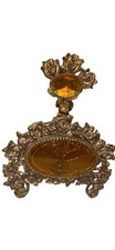 vintage Vanity Perfume Bottle Large 8.5” Amber Glass Goldtone Roses picture