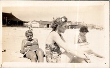 1940s Beach Snapshot Three Women Bathhouses Coastal picture