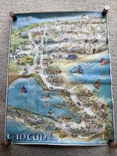 USED advertising Cancun Vintage Souvenir Map vertical Poster Cartoon 1980s picture
