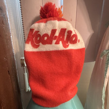 Vintage Kool-Aid Orange & White Knit Pom Pom Beanie picture