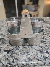 Farmhouse Galvanized Metal Salt and Pepper Shaker Set with Wood Handle Caddy picture