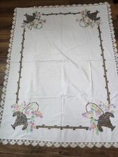 VTG Hand Embroidered Cross Stitched Tablecloth Crocheted Edges picture