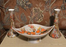 Vtg Extreme MCM Ceramic Console Bowl with 2 Vases Splatter Drop Glaze picture