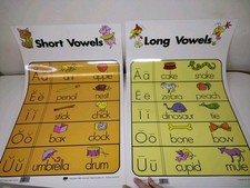Vintage 1980s Elementary School Classroom Posters Lot Of 2 Short Long Vowels Art picture