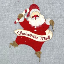 Vtg Bucilla Santa Claus Christmas Mail Wall Hanging 1950's Decor Red Felt Sequin picture