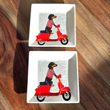(2) Dachshund Dog On Moped Plates Bone China Dog Art Fur Baby Fab Funky picture