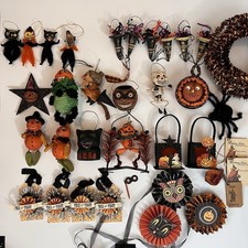 Bethany Lowe Wendy Addison Halloween Ornament Lot Folk Art Paper Mache Cat Fence picture