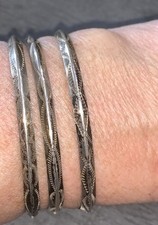 A6 OLD NAVAJO NATIVE INDIAN 3 STERLING SILVER STAMPED CUFF BRACELETS 28g 5-5.5” picture
