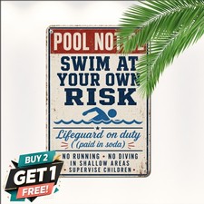 No Lifeguard On Duty Swim At Your Own Risk Plaque Retro Metal Tin Sign 8x12 picture