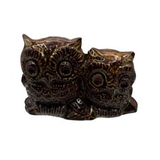 Vintage Double Owl Ceramic Figurine Brown Glazed Art Pottery Home Decor picture
