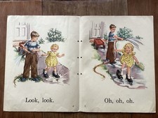 VTG 1950s Dick And Jane Our Big Book LOOK 4 Page Classroom Poster Storyline 24” picture