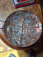 Round Embossed Copper Tray with Handles, Tree Bird & Animal Design picture