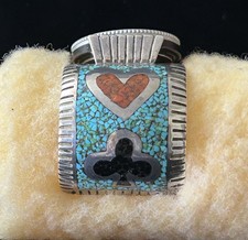 Native American Men’s Sterling silver Chip Inlay Poker Motif Watch Cuff picture