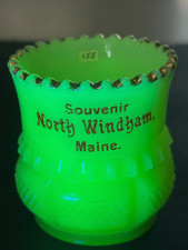 N. Windam Maine Uranium Custard TOOTHPICK HOLDER Souvenir diamond ruffle Glass picture