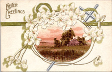 Easter Greetings White Flowers Countryside Home Scene Embosed Postcard picture