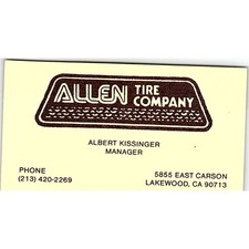 Albert Kissinger Allen Tire Company Lakewood CA Vintage Business Card SE3-B14 picture