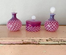 Set Of 3 Old Czech Cranberry Hobnail Glass Perfume Bottles & Powder Jar picture