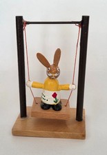 Vintage Wooden Rabbit on Swing Hand Painted Folk Art Bunny Figure picture