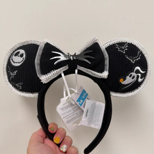 Genuine HK Disney 2026 Halloween Jack Bat Bow Mickey Minnie Ears Headband New picture