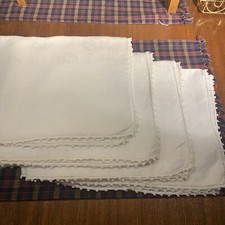 Vintage Antique Linen Damask Dinner Napkins~4~Pansies~Crochet Trim~Arts & Crafts picture