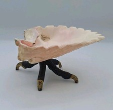 Antique Seashell Shell Trinket Dish or Ashtray with Cast Iron Bird Claw Base VTG picture