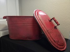 Antique Nesco Copper Boiler Primitive Wash Tub Tin Lid Wood Handles Painted Red picture
