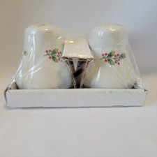 Holly & Berry Salt & Pepper Shakers Christmas Porcelain New Sealed picture