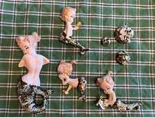 Set of 6 vintage MCM ceramic mermaid & bubble plaques hand painted metallic  picture